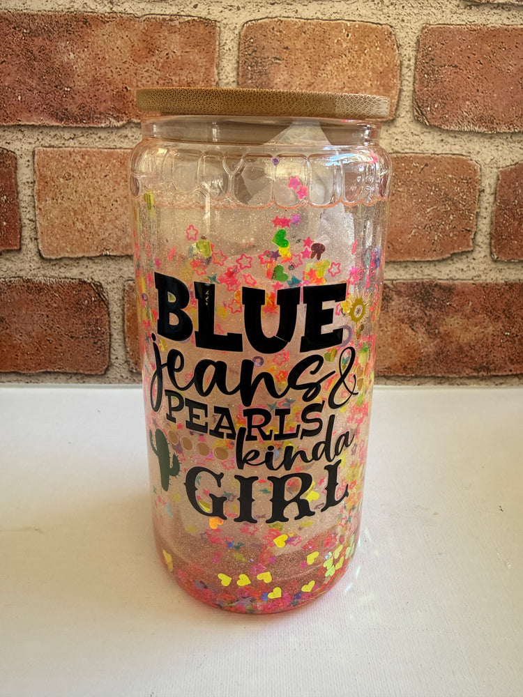 Blue Jeans & Pearls Girl Snowglobe Tumbler – 16oz - Uglybae