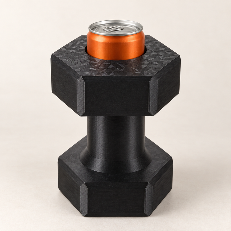 Black 3D printed dumbbell-shaped slim can holder with an orange can inserted