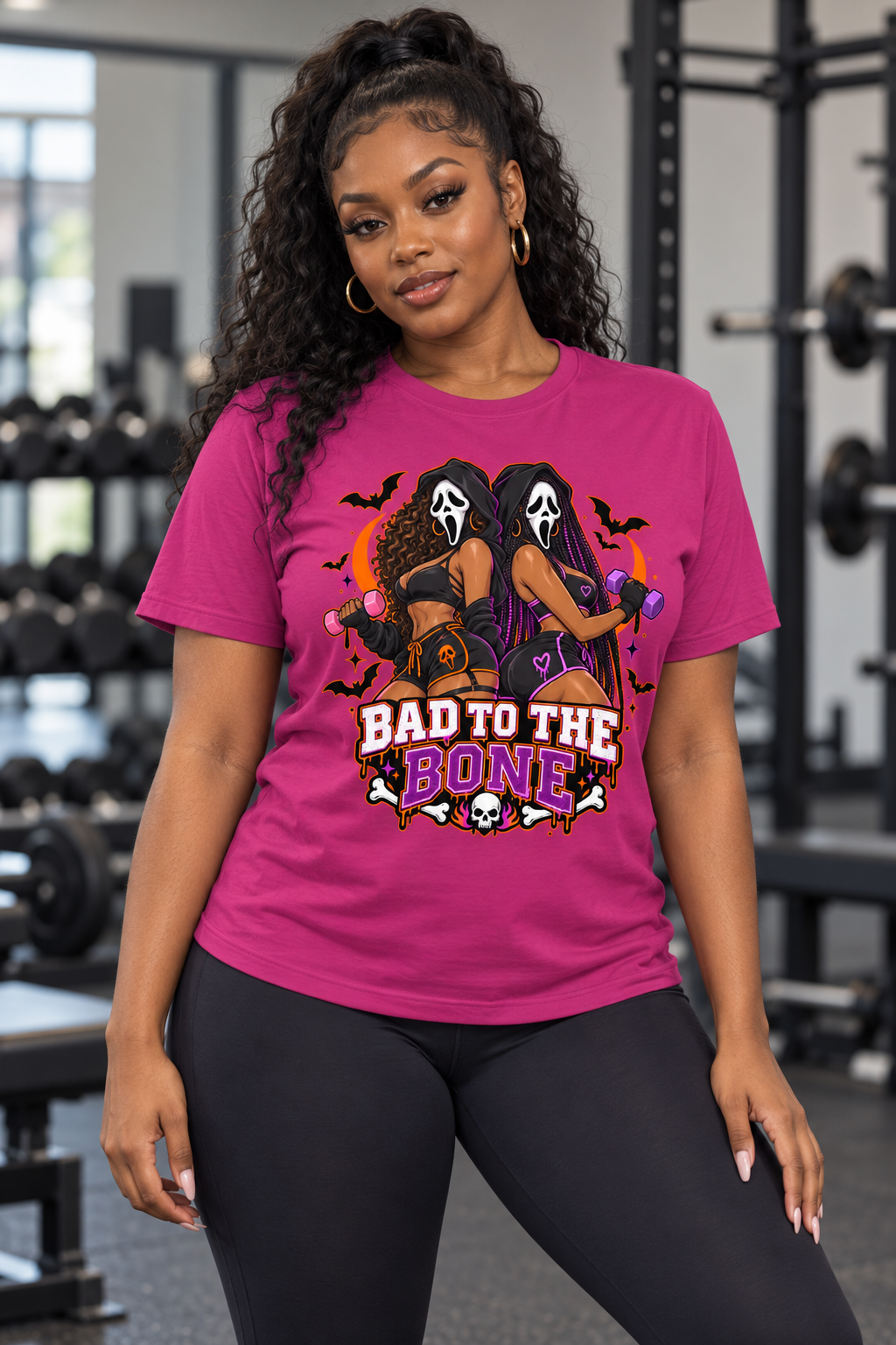Woman modeling the Bad to the Bone berry Halloween gym tee