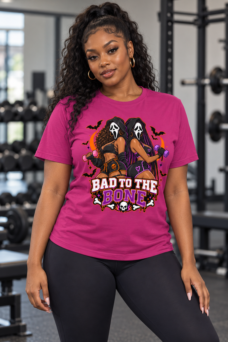 Woman modeling the Bad to the Bone berry Halloween gym tee