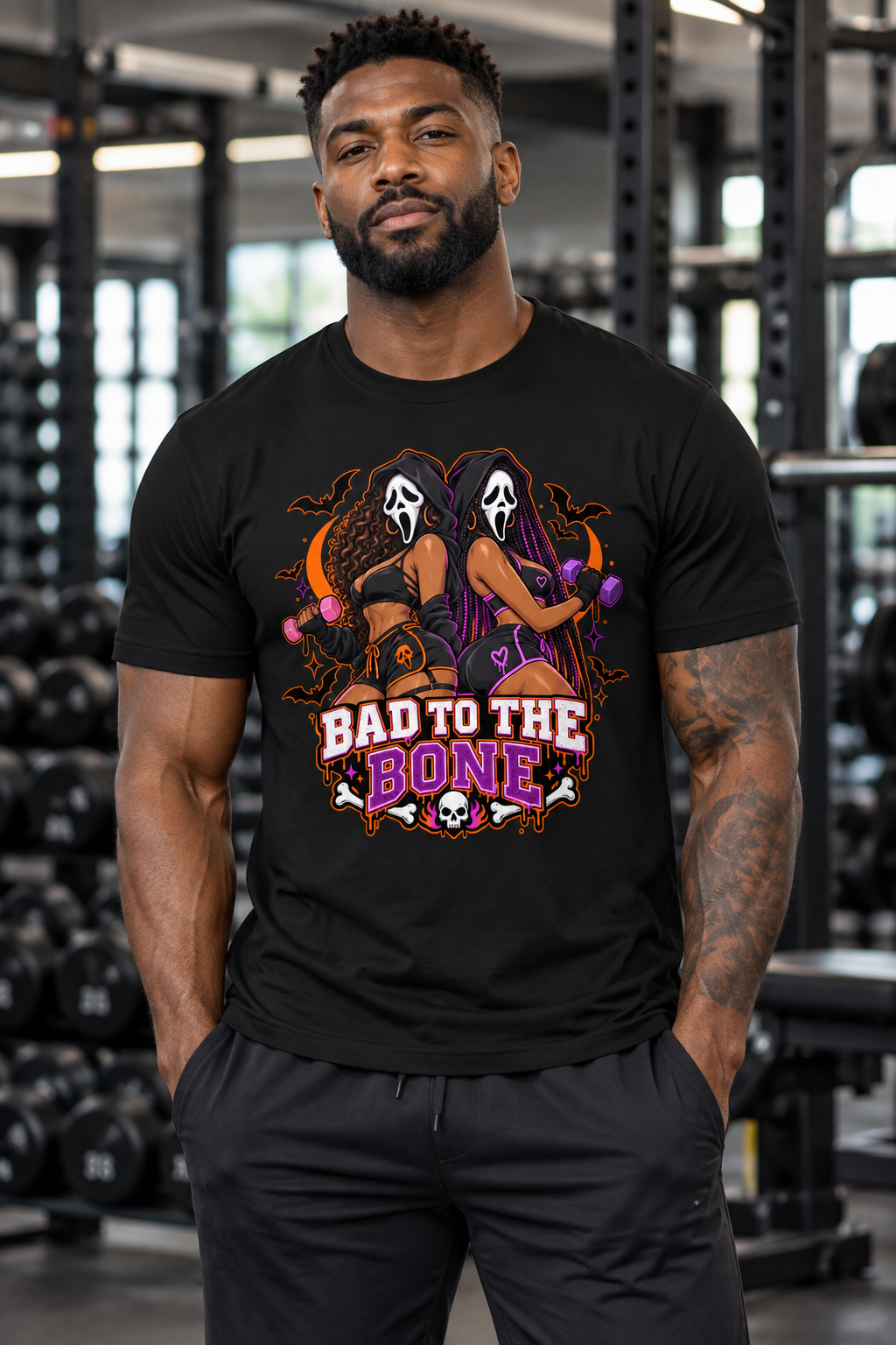 Man modeling the Bad to the Bone black Halloween gym tee