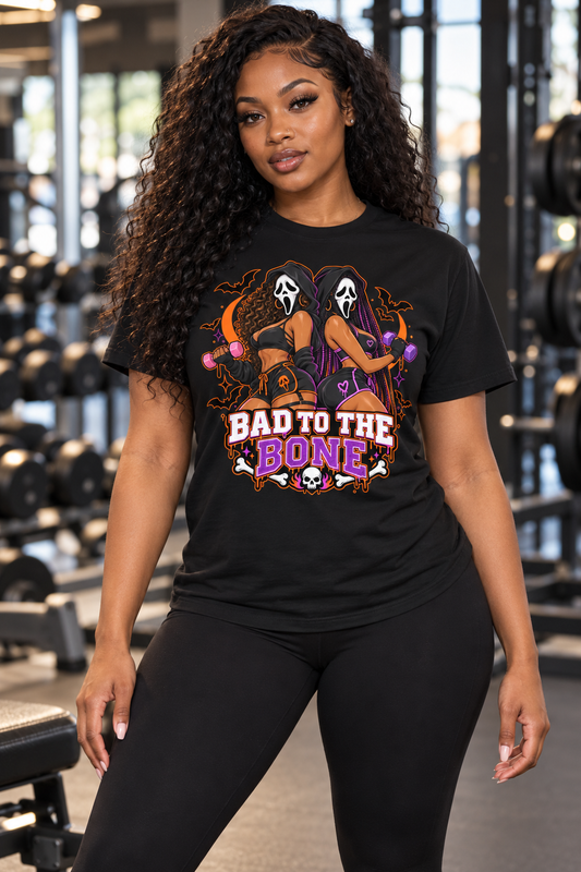 Woman modeling the Bad to the Bone black Halloween gym tee