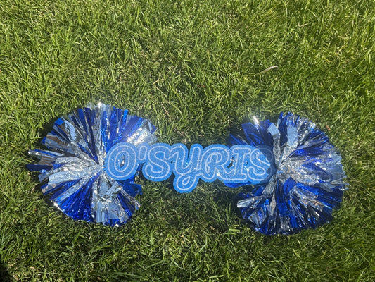 Blue glitter custom 3D printed cheer sign with blue and silver pom-poms on both ends