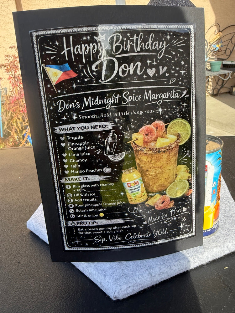 Personalized cocktail recipe card included with custom birthday drink mix set
