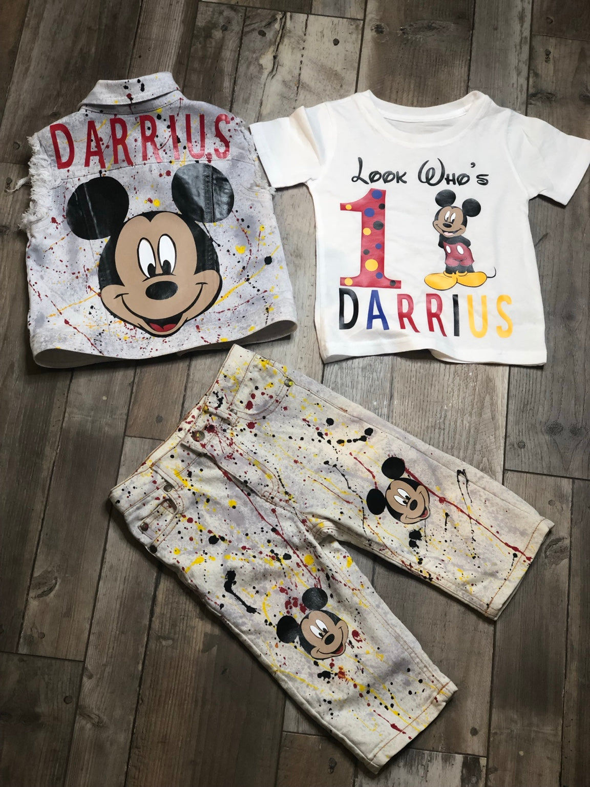 Custom hand-painted toddler denim vest, jeans, and personalized birthday T-shirt