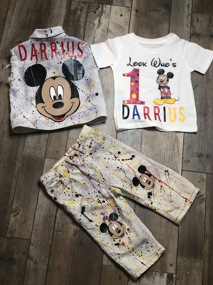 Custom hand-painted toddler denim vest, jeans, and personalized birthday T-shirt