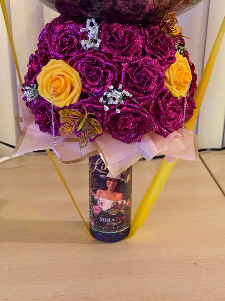 Custom wine bottle label and decorative rose bouquet detail