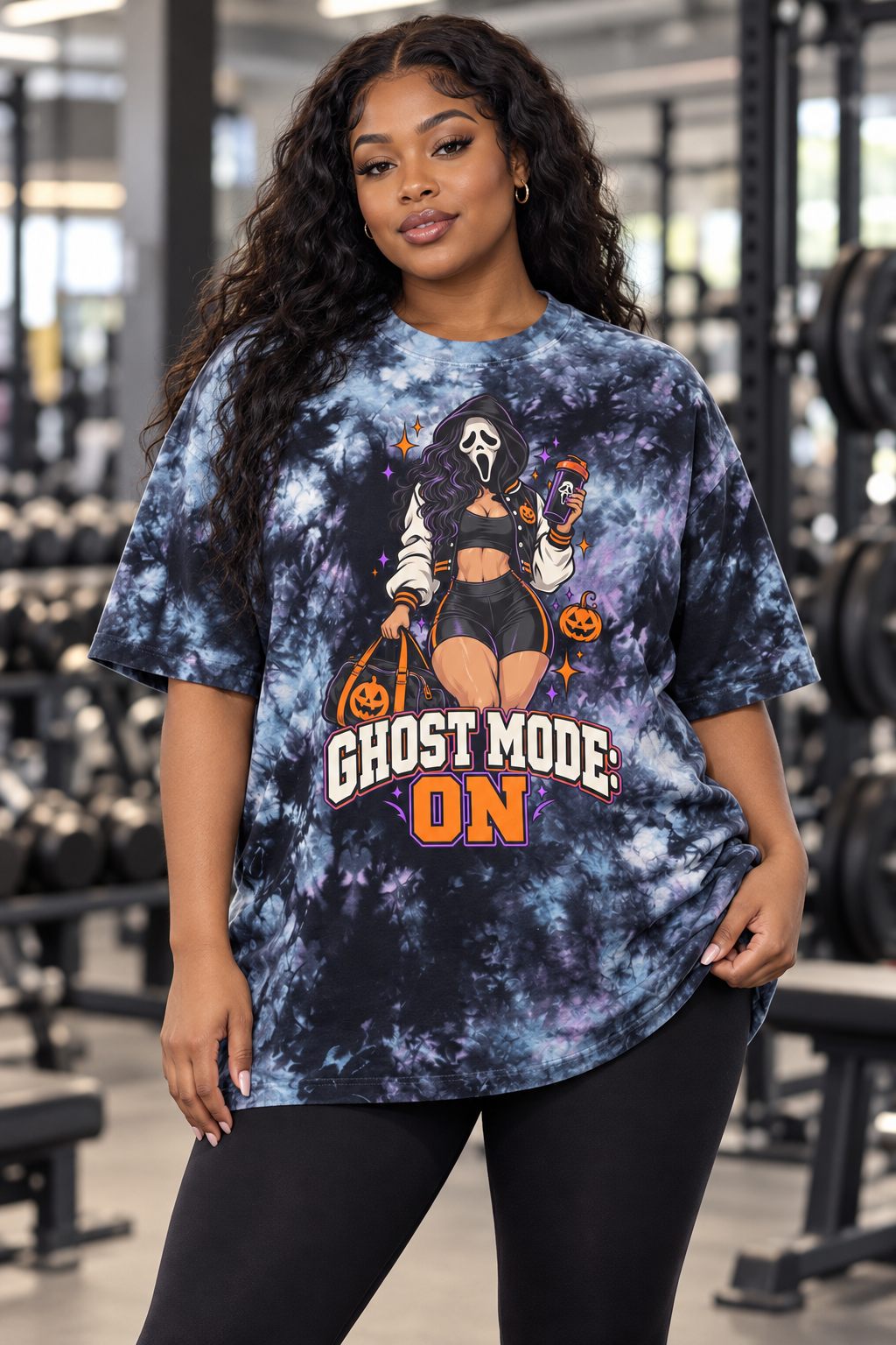 Adult Black woman wearing the Ghost Mode On tee in the gym, front view