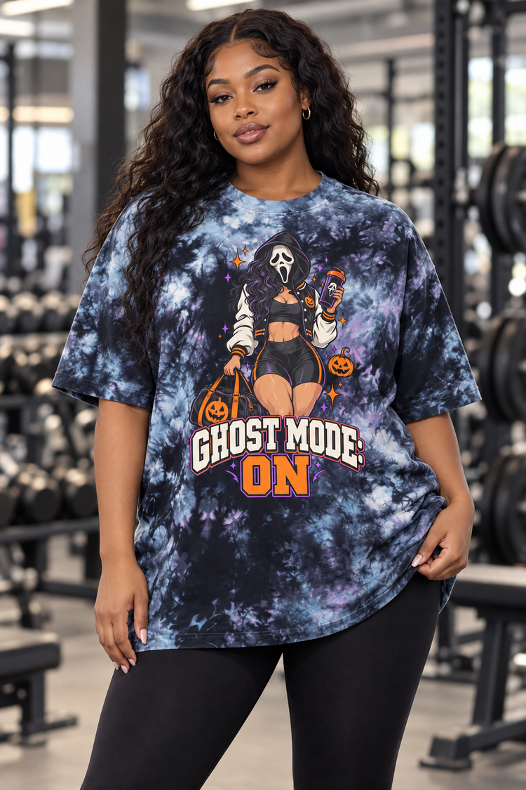 Adult Black woman wearing the Ghost Mode On tee in the gym, front view