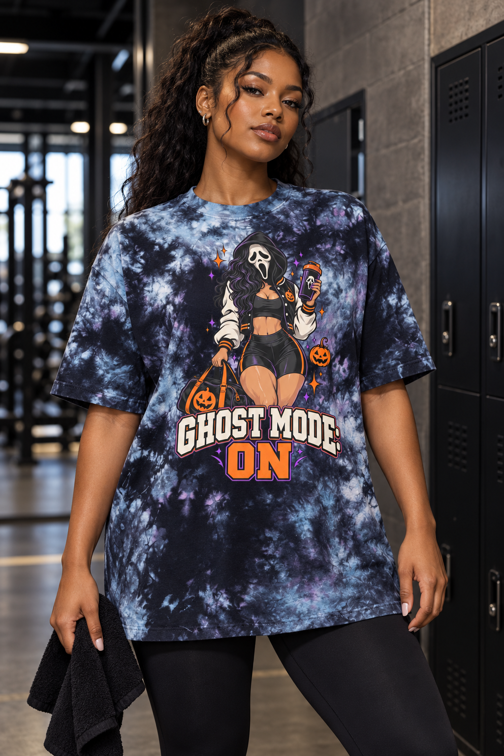 Adult Black woman wearing the Ghost Mode On oversized tee in a gym hallway