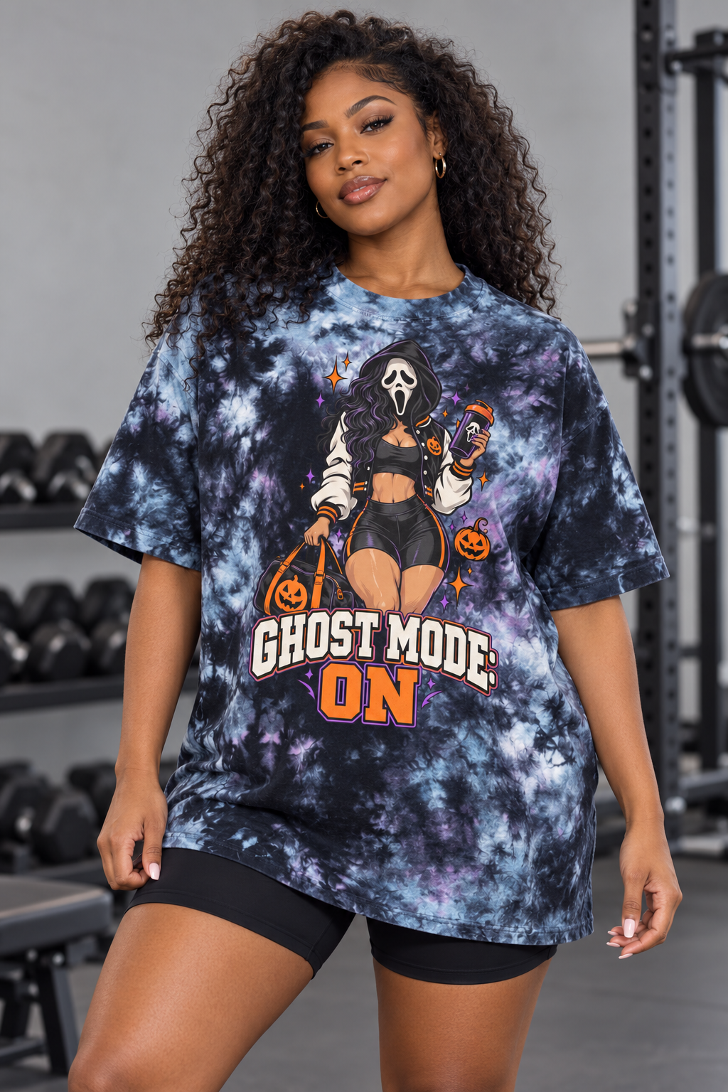 Adult Black woman modeling the Ghost Mode On tee with gym equipment in the background
