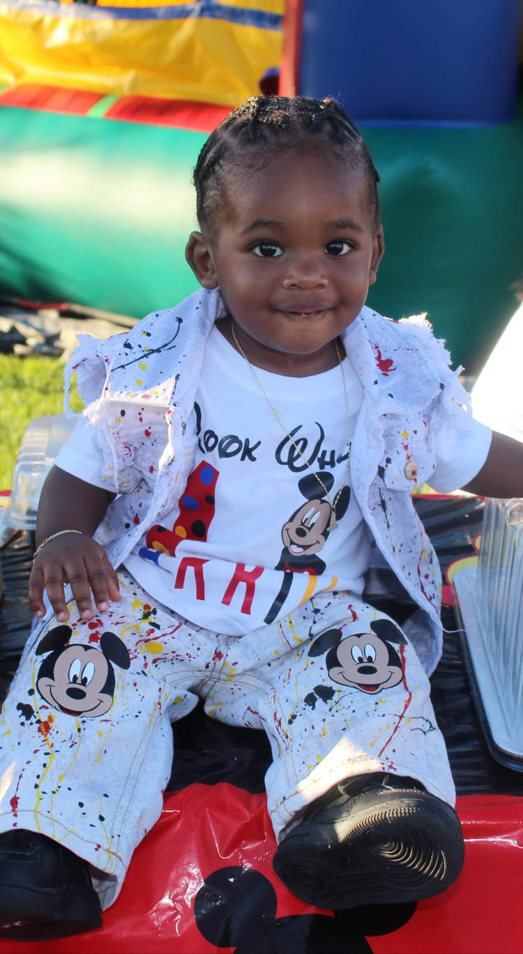 Personalized toddler birthday outfit with hand-painted denim and HTV shirt