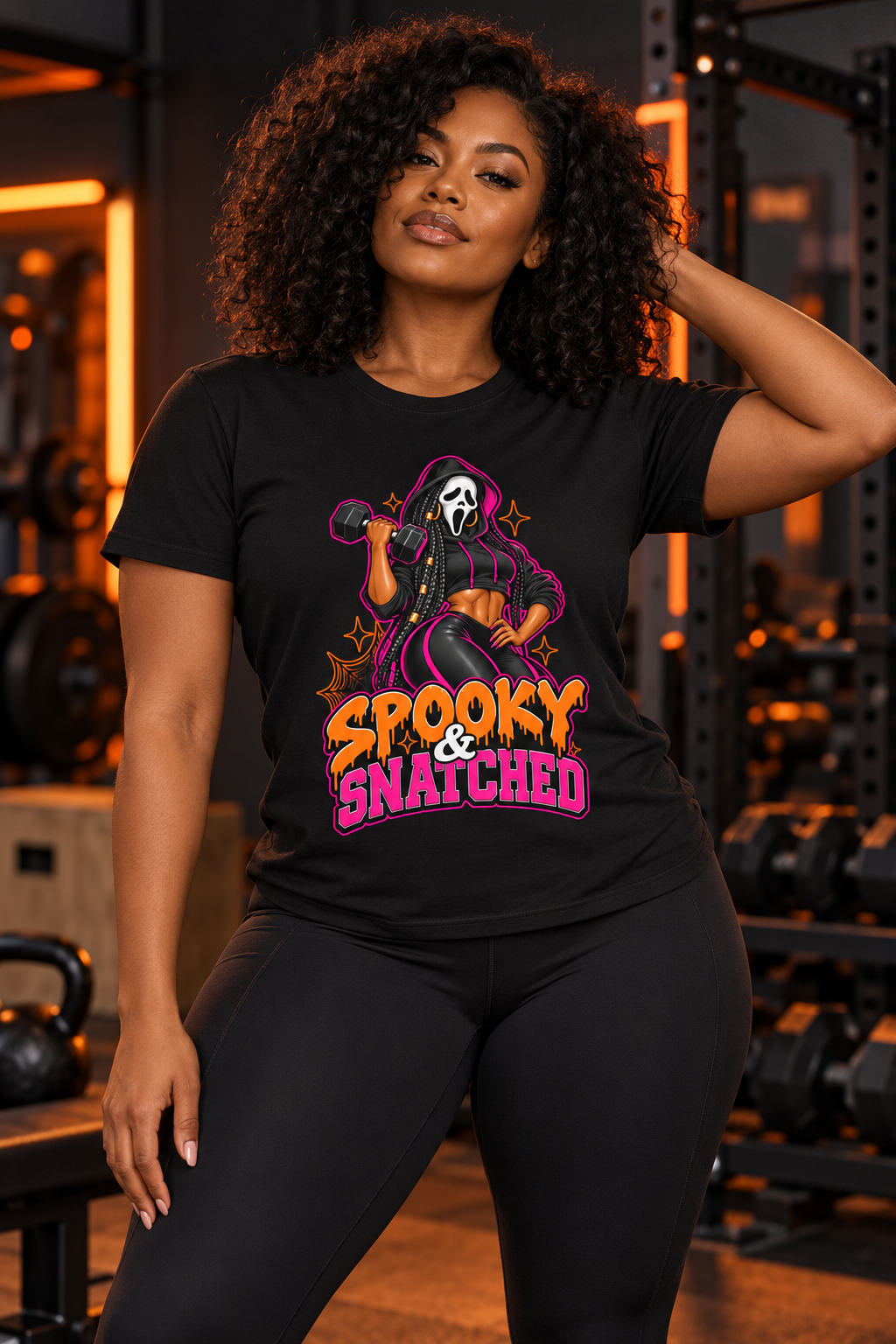 Model wearing the Spooky and Snatched tee in a moody gym