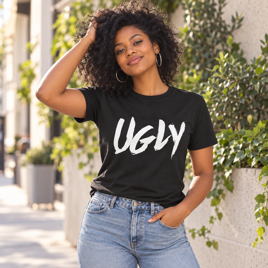Model wearing the UGLY Classic black tee with white lettering